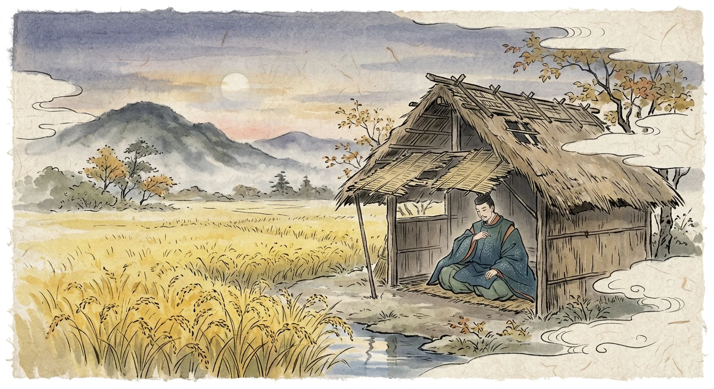 秋の田の かりほの庵の 苫をあらみ わが衣手は 露にぬれつつ（天智天皇）の情景