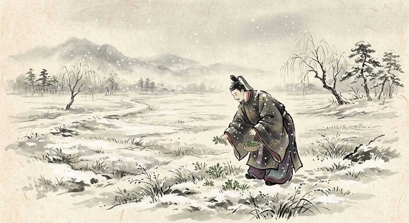 君がため 春の野に出でて 若菜つむ わが衣手に 雪は降りつつ（光孝天皇）の情景