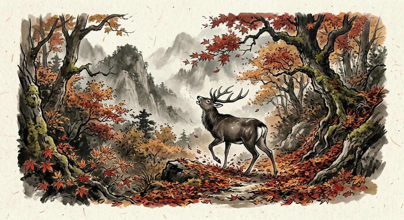 奥山に 紅葉踏み分け 鳴く鹿の 声聞く時ぞ 秋はかなしき（猿丸大夫）の情景
