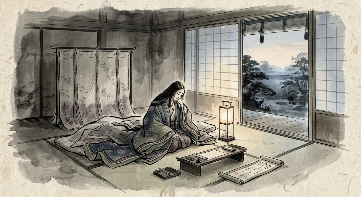 嘆きつつ ひとり寝る夜の 明くる間は いかに久しき ものとかは知る（右大将道綱母）の情景