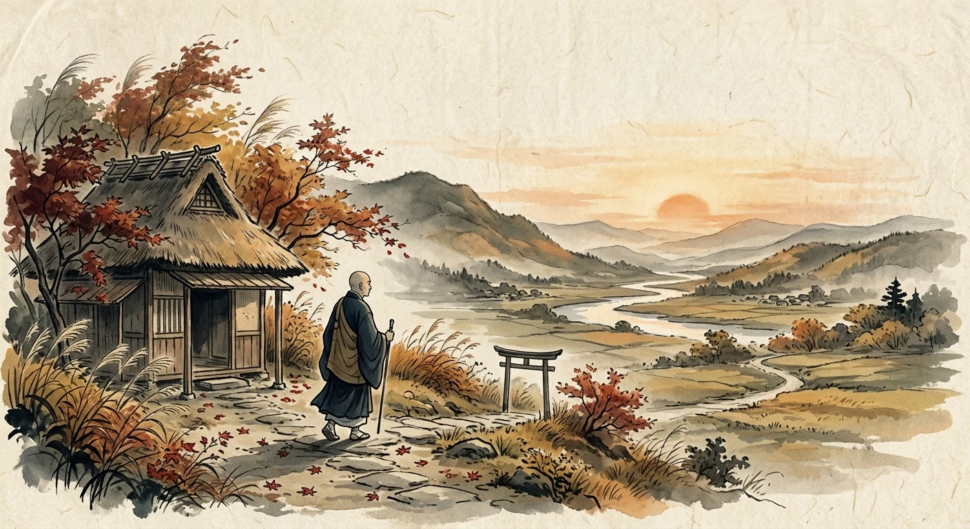 寂しさに 宿を立ち出でて ながむれば いづこも同じ 秋の夕暮れ（良暹法師）の情景