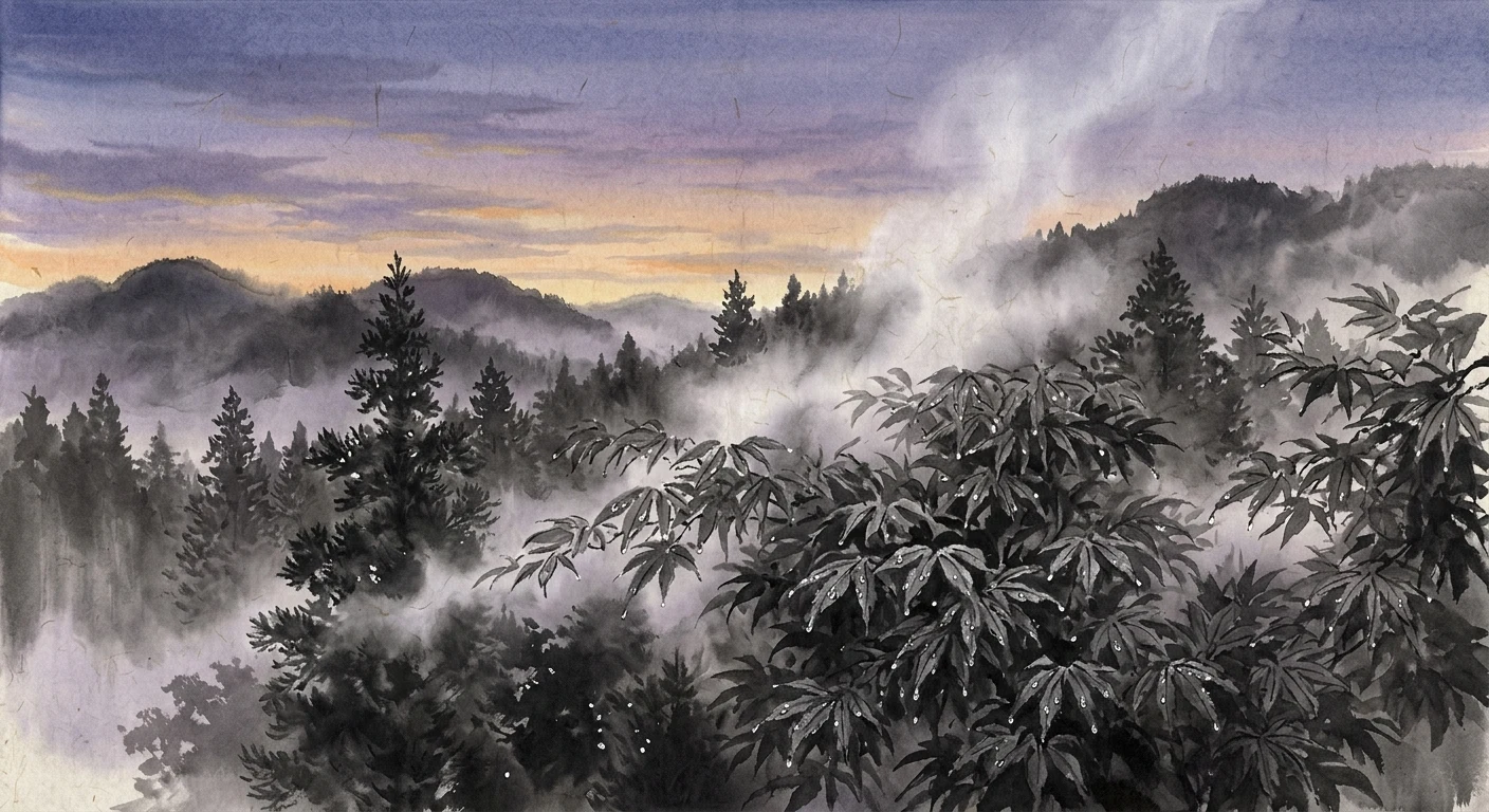 村雨の 露もまだひぬ 真木の葉に 霧立ちのぼる 秋の夕暮れ（寂蓮法師）の情景