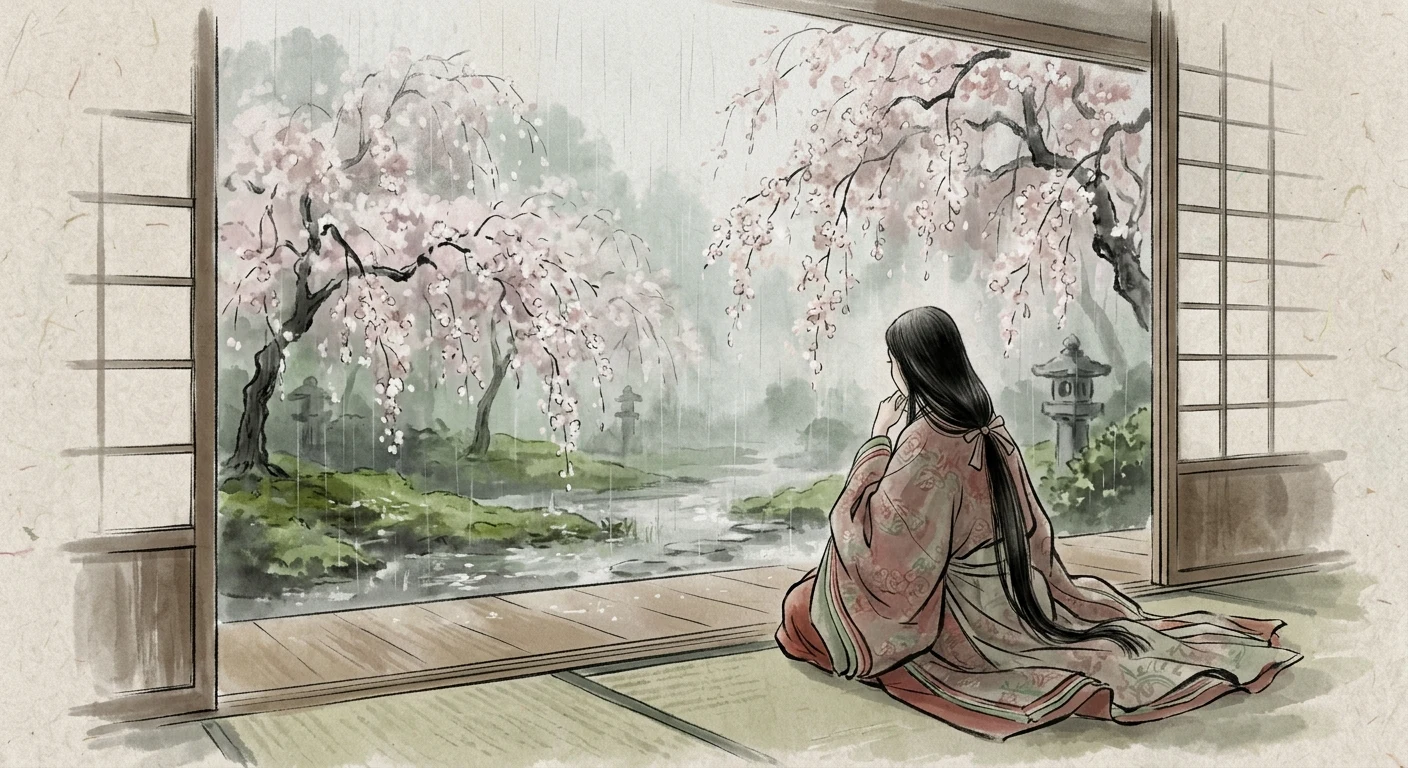 花の色は うつりにけりな いたづらに わが身世にふる ながめせし間に（小野小町）の情景